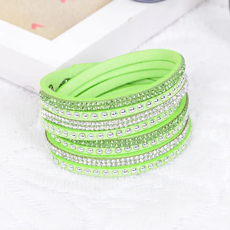 light green Длинные кожаный браслет с заклепками Украшенные стразами браслет укутать Многослойные браслеты для женщин feminino браслеты Mulher ювелирные изделия - Окраска металла: light green