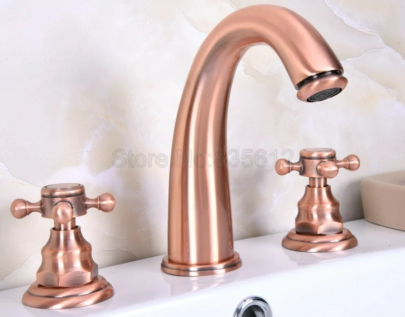 

Antique Red Copper 3 Hole Widespread Bathroom Wash Basin Faucet / Dual Handles Vessel Sink Mixer taps Bathtub Faucets Wrg064