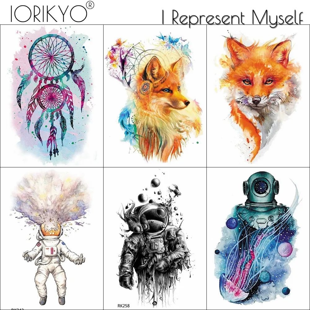IORIKYO Акварельная племенная лиса временная татуировка наклейки Ловца снов Женская рукоятка подвеска в виде космонавта и планеты Водонепроницаемая Татуировка Spacemen Tatoo