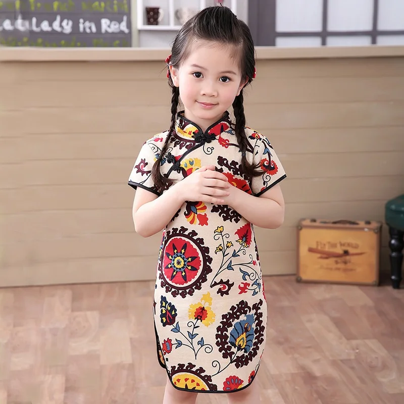 

Children Kid Baby Girl Chinese Print Cheongsam Dress Children Cotton Cheongsam Chinese Classic Traditional Dress for Girls