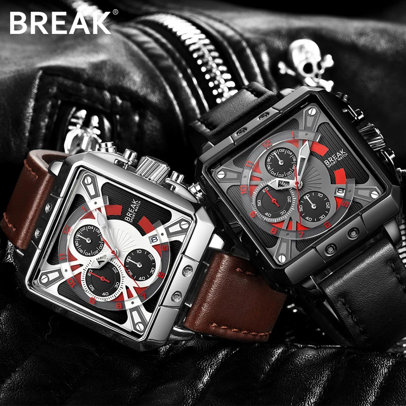 BREAK Men 2019 New Luxury Top Brand Quartz Sport Watch Square Dial Leather Strap Calendar Gift Wristwatches | Наручные часы