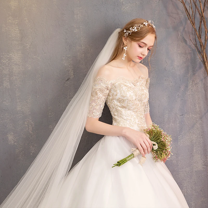 ILoveWedding 2019 новый стиль с открытыми плечами Золотая Кружевная аппликация на заказ