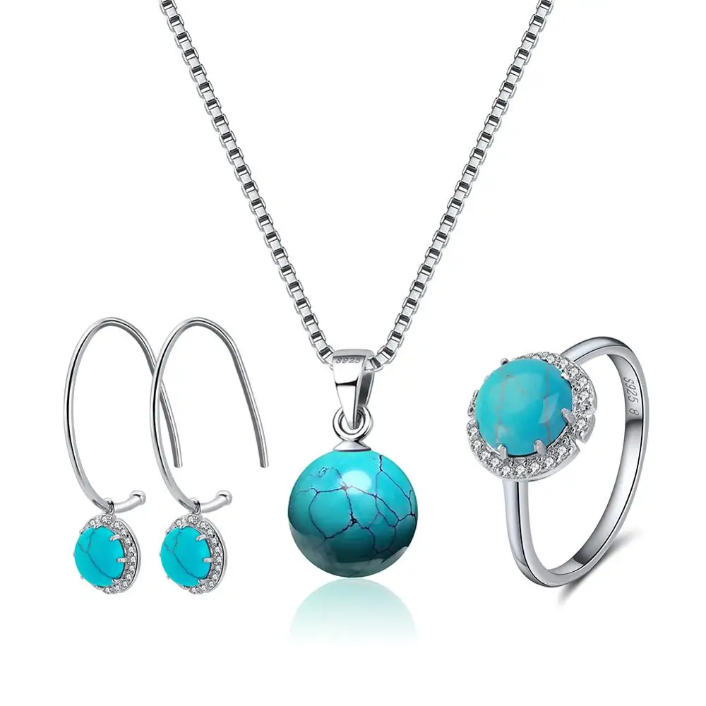 Turquoise ORSA JEWELS 925 стерлингового серебра женские кольца бирюзовые серьги с каплями+ ожерелья Кристалл Медальон натуральный камень ювелирный набор OSS27 - Цвет камня: Turquoise