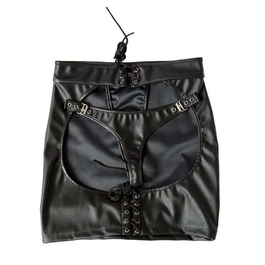 BDSM Leather Mini Dress Bondage Restraints Hollow Out Spanking Skirt Attach G-String Adult Sex Toys S M L A |