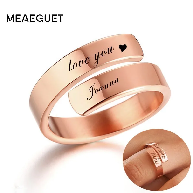engraved rosegold Изготовленные на заказ двойные кольца с двумя именами, позолоченные кольца из нержавеющей стали, персонализированное имя, координатная обёртка, лучший друг, регулируемый размер - Цвет основного камня: engraved rosegold