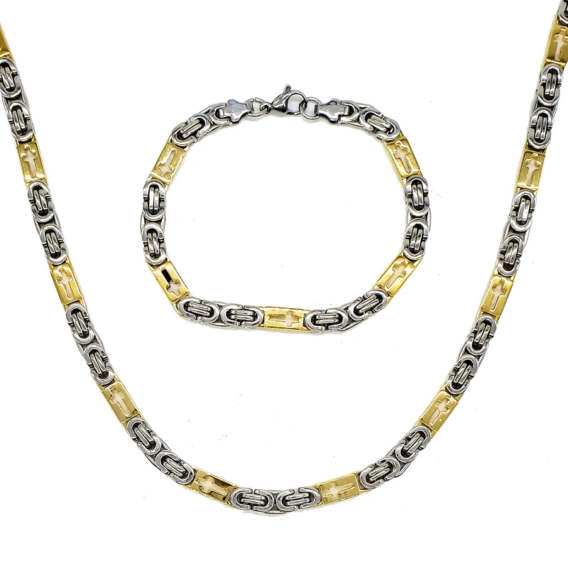 

AMUMIU Cross Jewelry Set Necklace Bracelet Men's Women's Stainless Steel Byzantine Chain Link HZTZ179