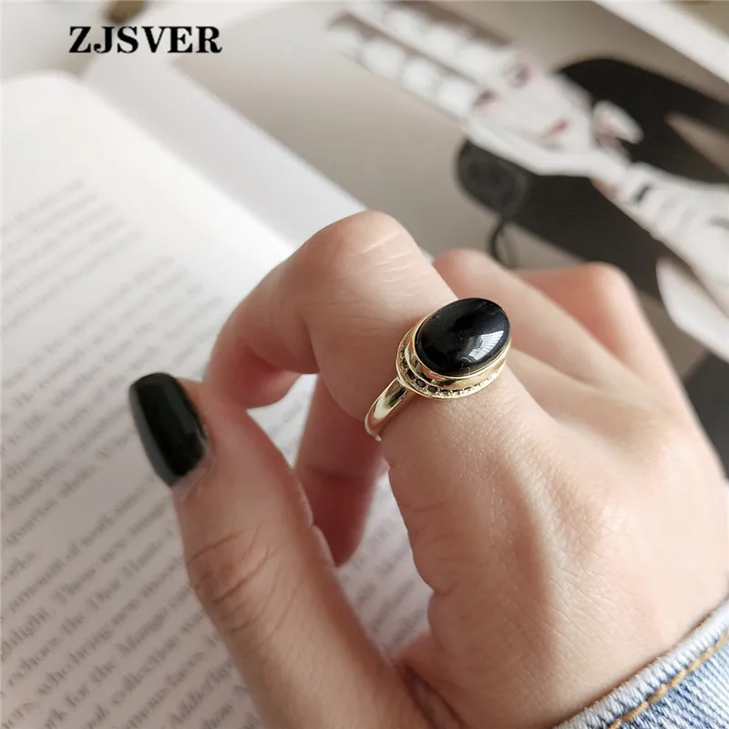 ZJSVER Korean Jewelry 925 Sterling Silver Ring Golden Retro Elliptical Black Agate Adjustable Women Rings For Festival Present | Украшения