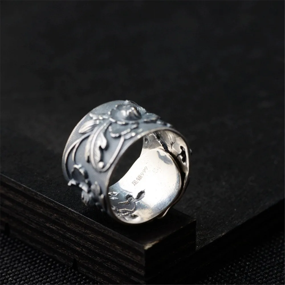 

HFANCYW Retro S999 Silver Beautiful Peony Flower Ring Female Embossed Silver Ring Blossom and Riches for Mother or Wife Gift
