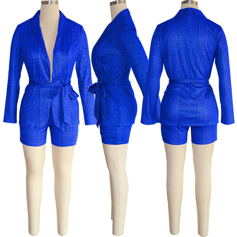 

Adogirl Houndstooth Plaid Women Casual Two Piece Set Office Lady Business Suit Long Sleeve Slim Coat with Belt + Shorts Workwear