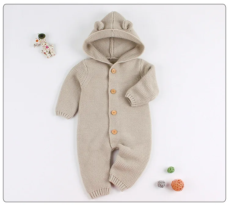 Infants Baby Winter Hooded Sweater Romper Newborn Fur Collar Knitted Cardigan Baby Boys Girls Christmas Jumpsuit Clothes