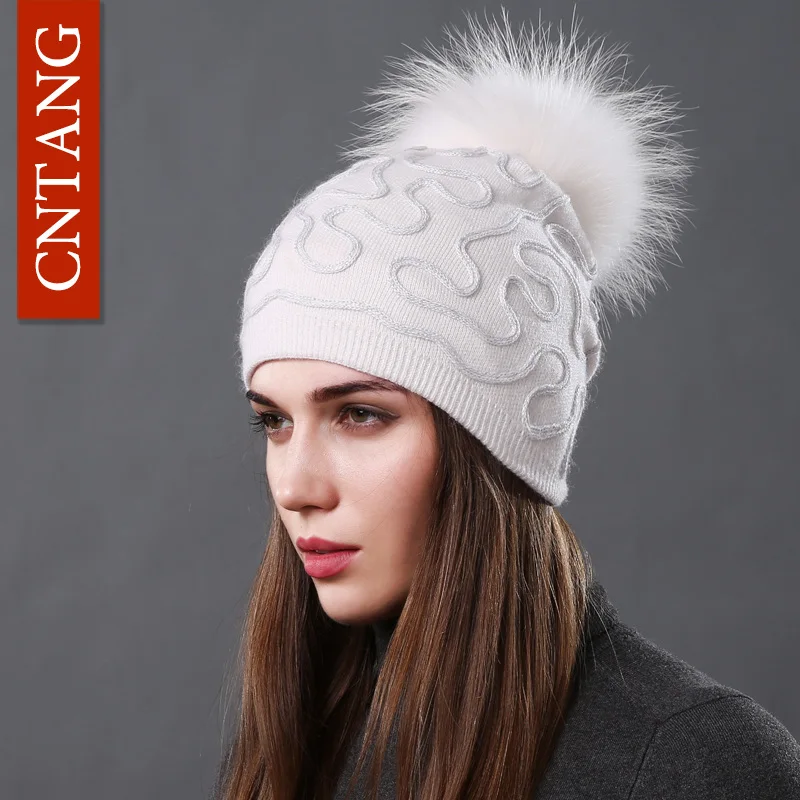 White White Pompom CNTANG модная Серебряная грубая нить зимняя шапка енотовый помпон шапки из натурального меха женские вязаные теплые шерстяные шапки - Цвет: White White Pompom