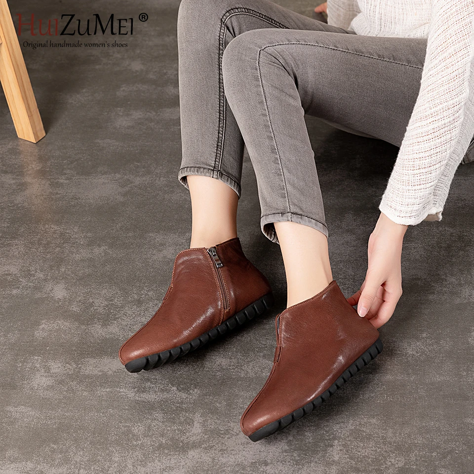 HUIZUMEI Genuine Leather Flat Shoes Plus Size Real Handmade Flats Loafers Female Solid Comfortable Casual Women Shoes. | Обувь