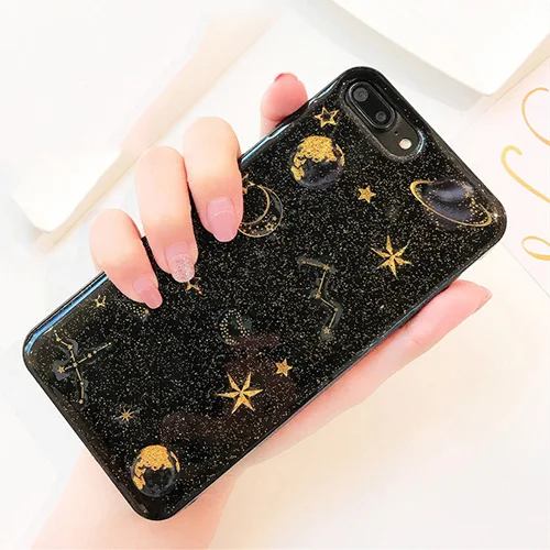 black Блестящие чехлы для телефонов с космическими планетами для iphone X XS XR XS Max 7 6 6S 6Plus 8 8Plus Прозрачный мягкий силиконовый чехол-накладка - Цвет: black