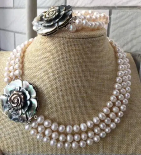 

3 rows7-8mm south sea white round pearl necklace 16"17"18" &bracelet 7.5-8">>> women jewerly Free shipping