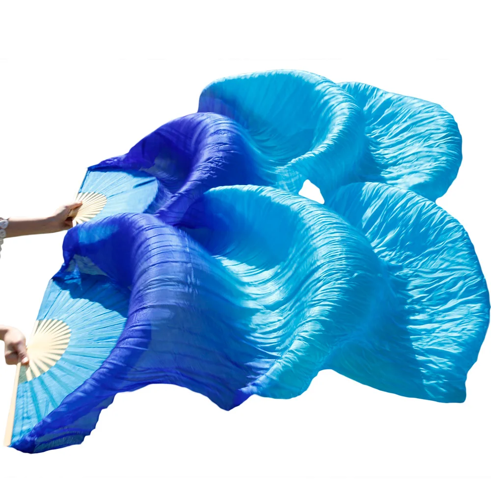 

100% Real Silk Fans 1 Pair Handmade Dyed Bamboo Ribs Women Belly Dance Performance Props Silk Fans Royal blue+Turquoise 180*90cm