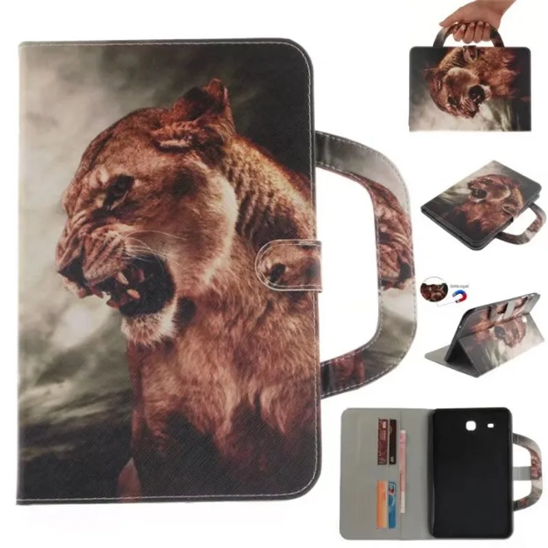 Tablet Case For Samsung Galaxy Tab E 9.6&quot T560 Handle Flip Cover Stand Leather Wallet Coloured drawing Tiger Lion wolf Coque |