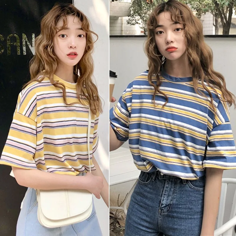 

New Summer Fashion Women Summer Casual T Shirt Short Sleeve O-Neck Preppy Style Striped Loose Women Tee