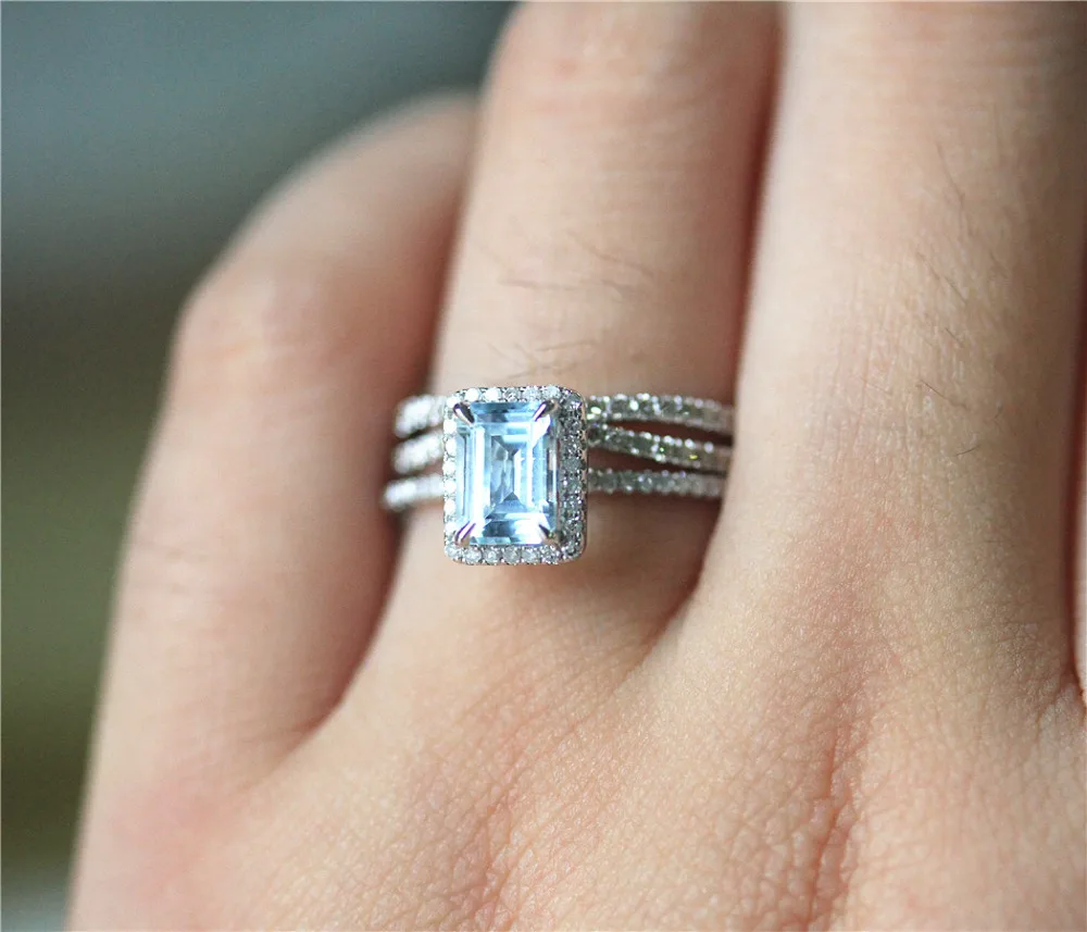 

DUPUY 2pcs March Birthstone Ring Set VS 6*8mm Emerald Cut Aquamarine Ring&Half Eternity Diamond Wedding Ring Set 14K White Gold