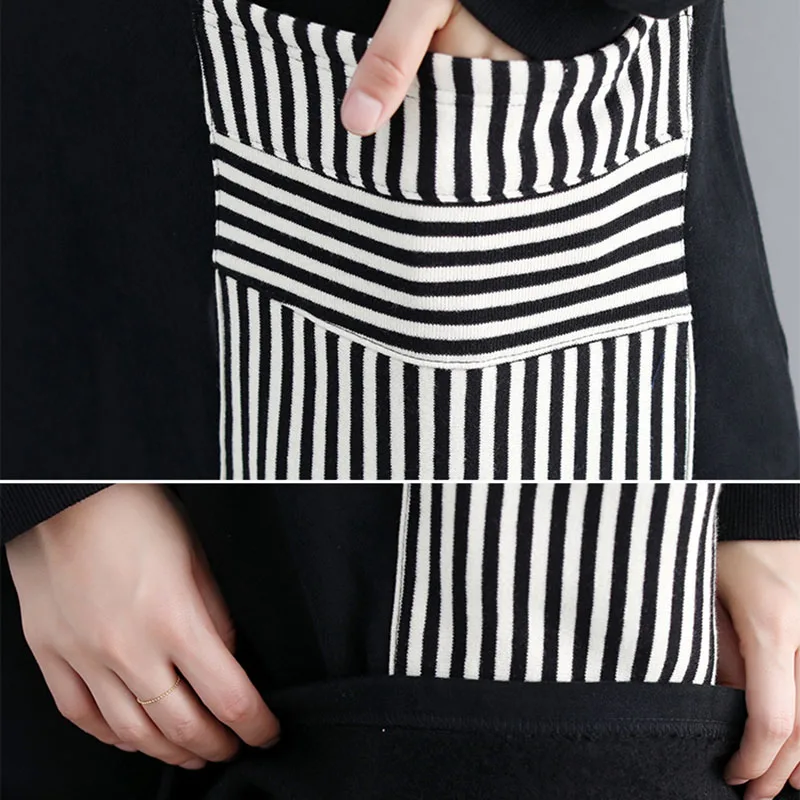 

2018 Autumn Winter New Large Size Women's Plus Velvet Thick Long Hoodies Striped Patch Loose Female Sweatshirts Dress LQ382