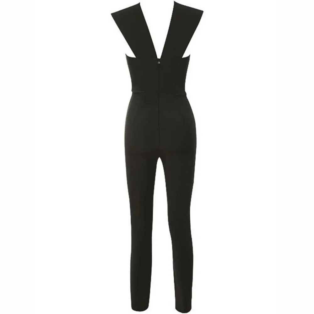 

black full length elastic deep v neck 2018 newest arrival clubware bodycon rayon bandage jumpsuits