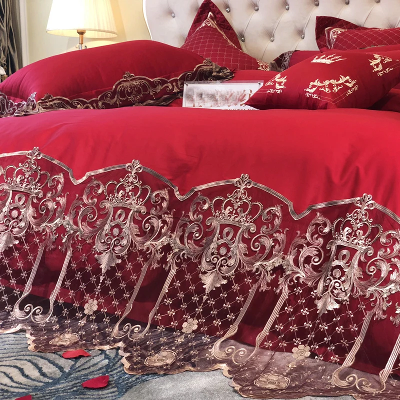 Luxury Lace 100S Egyptian cotton Red Wedding Bedding sets Queen King size Royal Duvet cover Bed sheet set Pillowcase 4/6pcs | Дом и сад