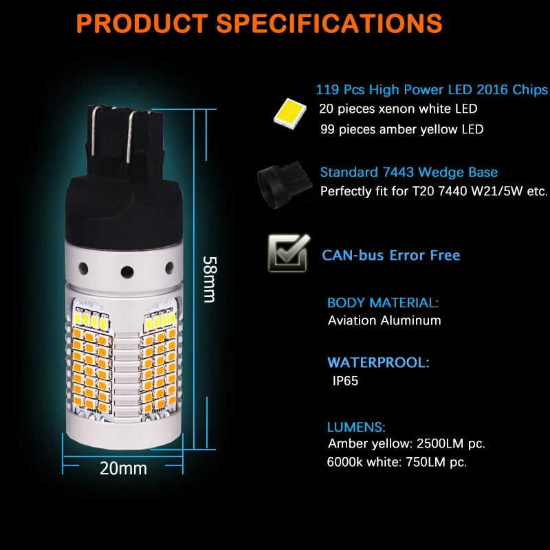 Нет Hyper Flash 7443 светодиодный Canbus 21 Вт W21/5 Вт T20 горки белый/желтый светодиодный лампы для Габаритные огни/указатели поворота 12V