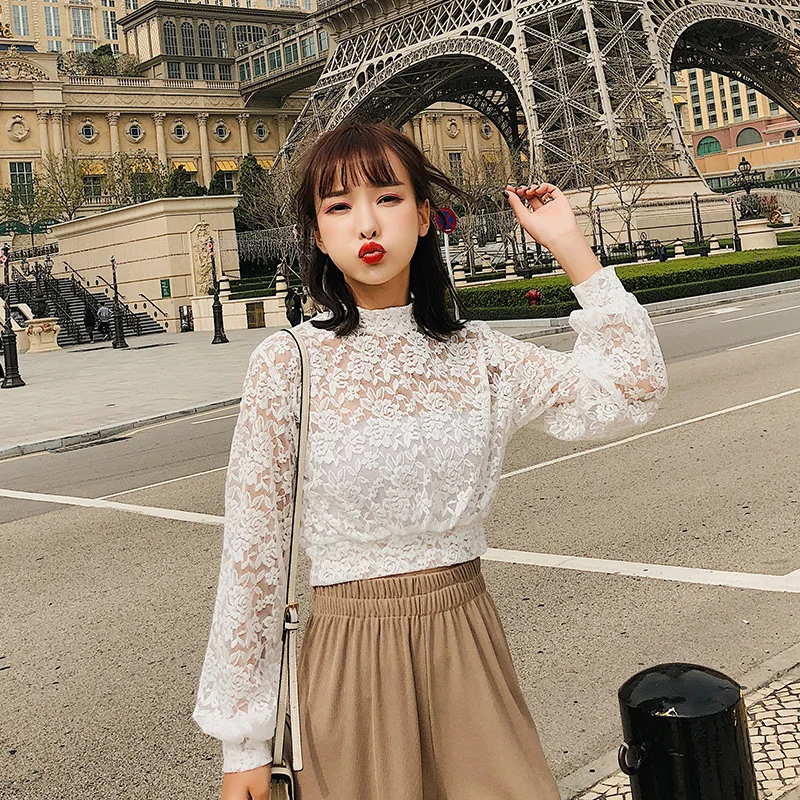Весна 2018 Новый Для женщин кружевная рубашка воротник-стойка Длинные рукава