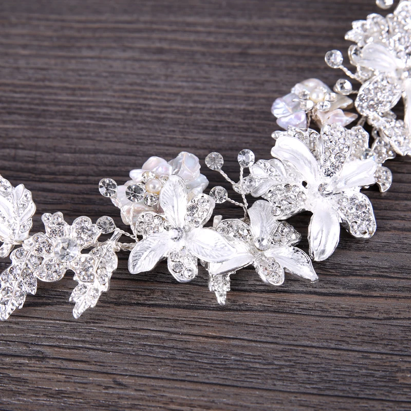 Handmade Silver Color Flower Hair Jewelry Headband Headpiece Crystal Rhinestone Hairband Bridal Women Wedding Accessories | Украшения и