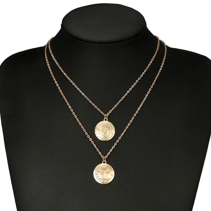 2018 Fashion Long Chain Bohemian Disc Polygon Moon Alloy Zircon Multilayer Necklace Pendant Summer Beach Woman's Jewelry | Украшения и