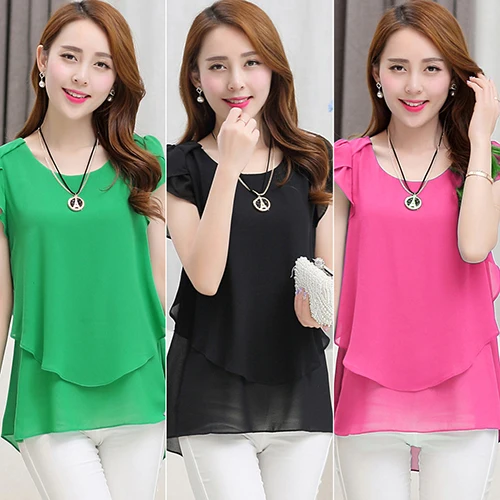 

Women's Fashion Summer Short Sleeve Loose Chiffon Shirts Round Neck Tops Blouse