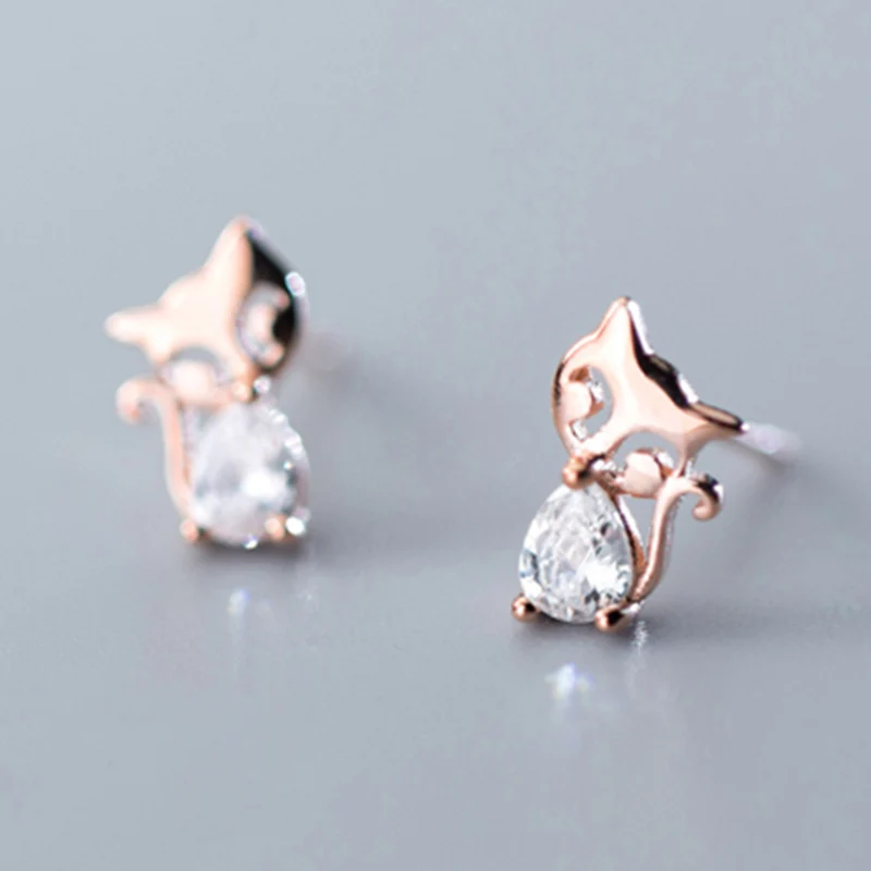 Rose gold Модные серебро 925 пробы, цвет розовое золото маленькие серьги-гвоздики с фианитами лисами для девочек, женщин и детей, милые вечерние серьги, ювелирные изделия в подарок - Окраска металла: Rose gold