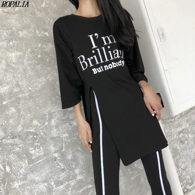 

Female Three Quarter Sleeve O-Neck High Waist Letter Print Top and Ankle-Length Striped Pants Women 2 Pieces Set