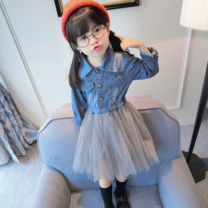 

DFXD New Fashion High Quality Baby Girl Dress 2018 Spring Autumn Long Sleeve Denim Jeans Lace Stitching Princess Dress Vestido