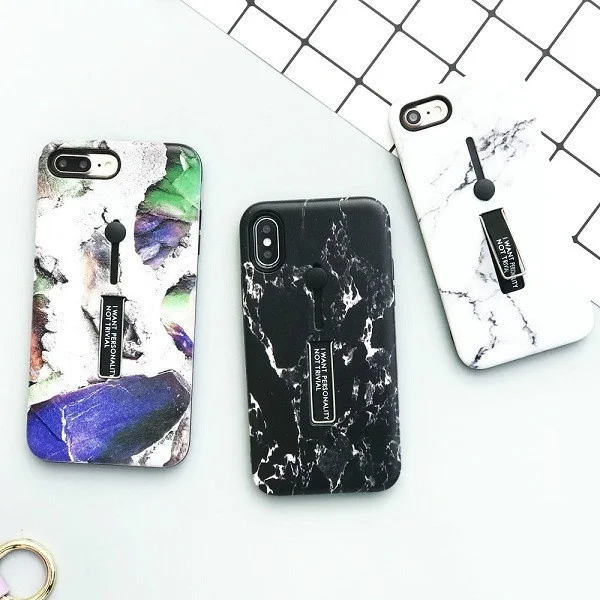 Fashion Marble Pattern Hybrid Armor Metal Aluminum Bracket Stand Holder Kickstand Phone Case For iPhone X 6 6sPlus 7 8Plus |