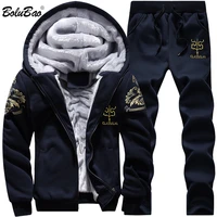 bolubao new men set fashion brand tracksuit lined thick sweatshirt pants sportswear suit male winter suit