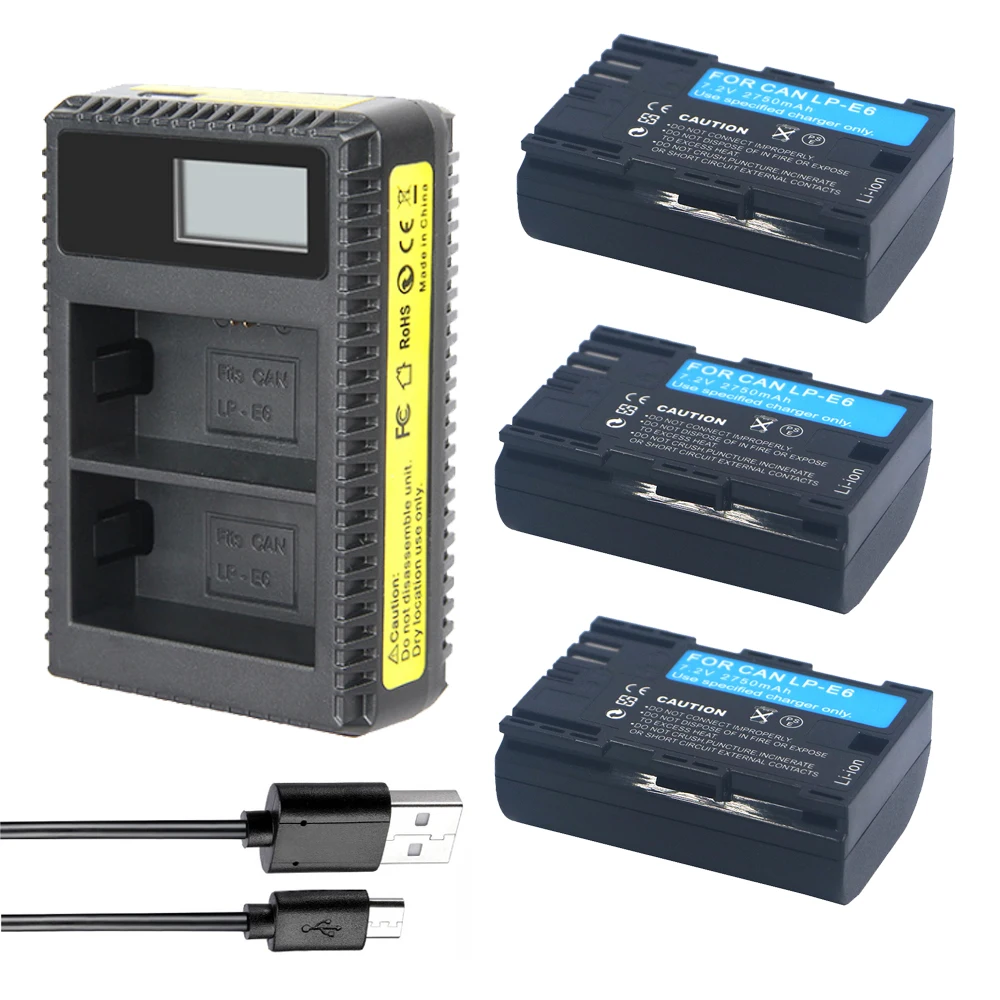 Аккумулятор для камеры LP-E6 LP E6 LPE6 3 шт. аккумулятор + ЖК-дисплей USB двойное зарядное