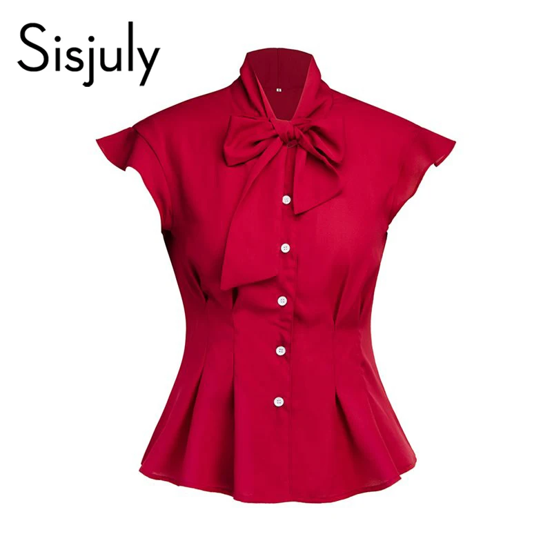 

Sisjuly Women Shirts Sweet Vintage Elegant Green Spring Slim Sleeveless Bowknot Female Office Retro Black Goth Blouses 2019