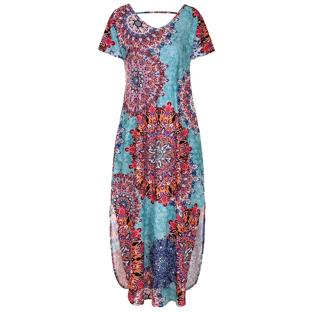 Женское трикотажное длинное платье Boho черное пляжное с короткими рукавами и