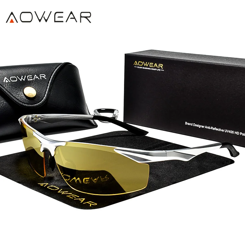 AOWEAR HD очки для ночного вождения мужские поляризованные солнцезащитные очки ночного видения мужские алюминиевые желтые солнцезащитные очки для водителя Gafas