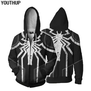 YOUTHUP 2020 3D толстовки на молнии мужские забавные толстовки с капюшоном Venom мужские топы с принтом паука костюмы с изображением аниме Плюс Размер Пальто мужское
