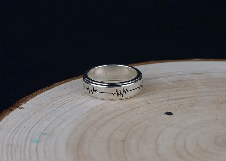 FNJ панк электрокардиограмма кольцо 925 серебро Anillos Новая мода S925 серебро кольца для мужчин ювелирные изделия регулируемый размер bague