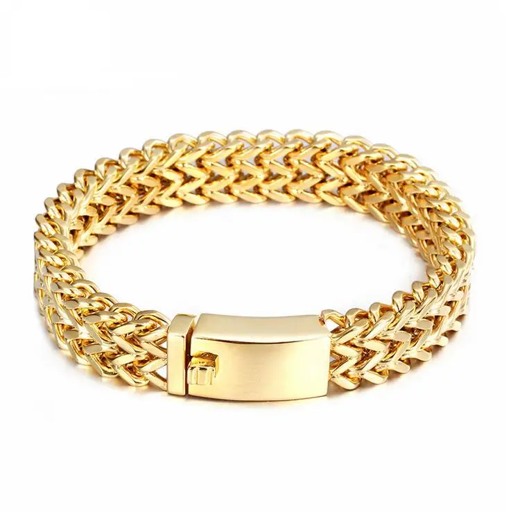 

12mm 18mm Width 19-23cm Long 316L Stainless Steel Gold 2 Row Figaro Mesh Chain Bracelet Bangle Handsome Men's Boy Biker Jewelry