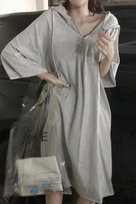 Корейский Для женщин толстовки летнее платье Harajuku Черный серый цвет миди с