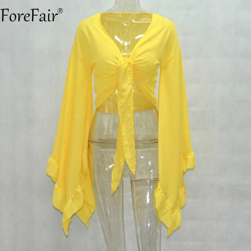 Женская шифоновая блузка с v образным вырезом и Расклешенным рукавом ForeFair летние