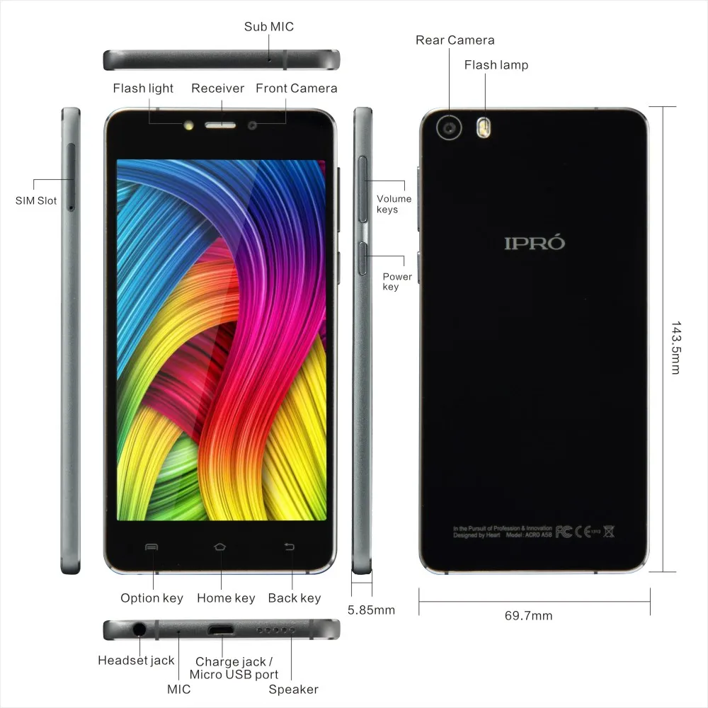 IPRO ACRO A58 ультратонкий мобильный телефон 5 0 дюймов MTK6582 2G ram 16G rom 13MP камера GSM/WCDMA 2100mAh
