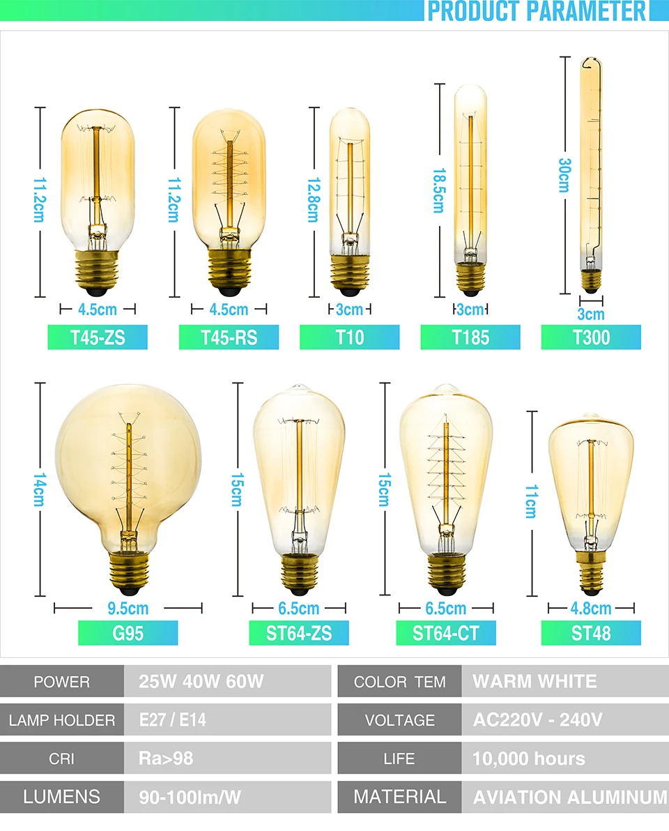 Ретро Edison led светильник лампочка E27 220 В 40 Вт ST64 G80 G95 T10 T45 T185 A110 A60 накаливания ампулы лампы Винтаж лампа накаливания Эдисона Светильник
