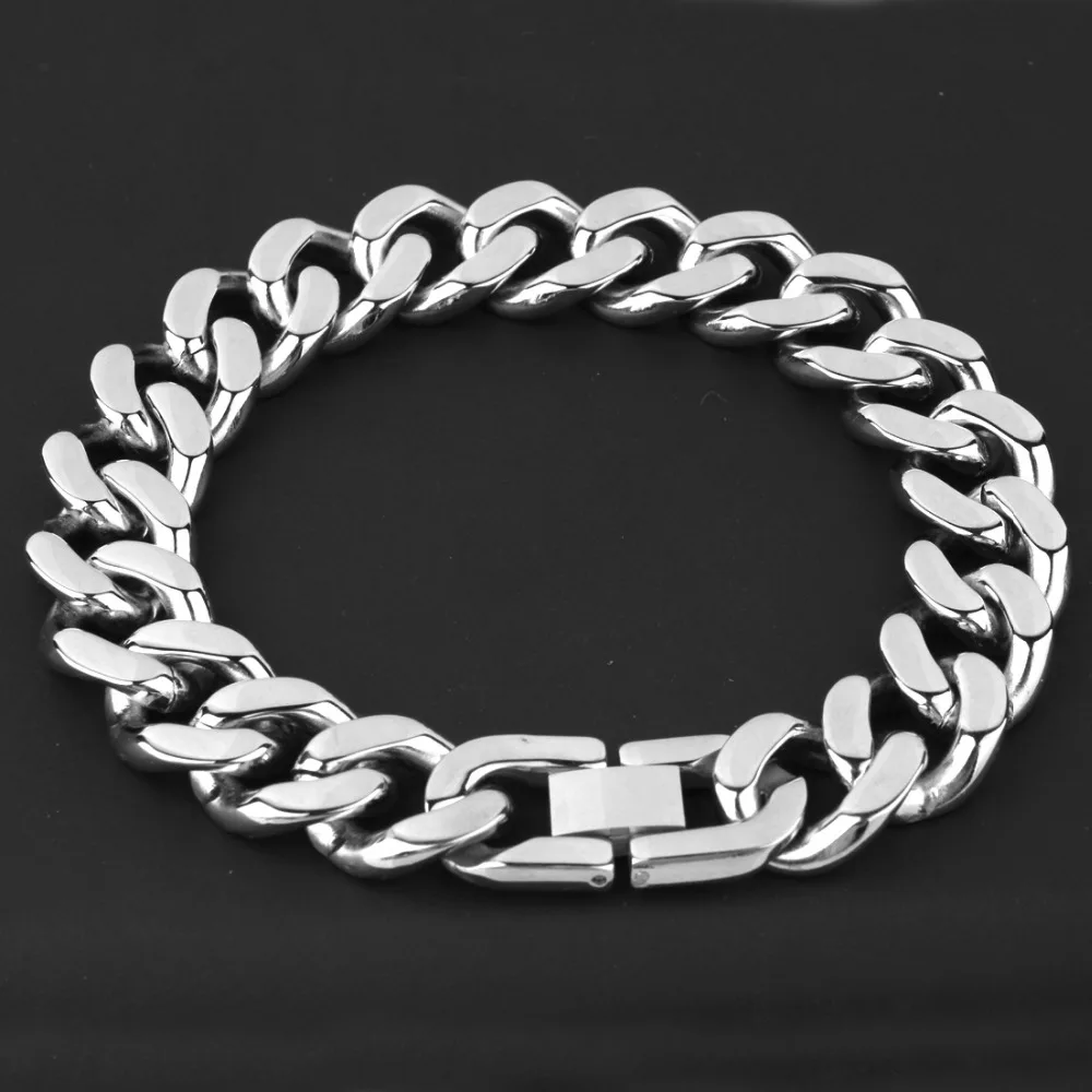 

15mm Fashion Jewelry Stainless Steel Silver Color Polished Cuban Curb Chain Mens Womens Bracelet Bangle New Design Sale 7"-11"