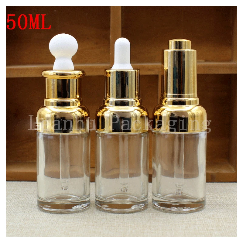 50ml High Clear Glass Liquid Bottle oil Press The Rubber Head Dropper Essence Lotion Packing Bottle With Golden Aluminum Cover