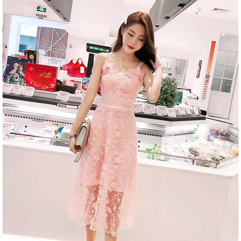 2019 корейская летняя новая женская одежда розовое кружевное платье с цветочным