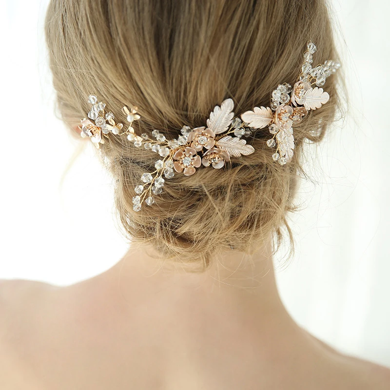 

3PCS Hair Combs Pins Gold Color Leaf Flower Bridal Wedding Hair Ornament Crystal Head Decoration Jewelry Accessories Tiara
